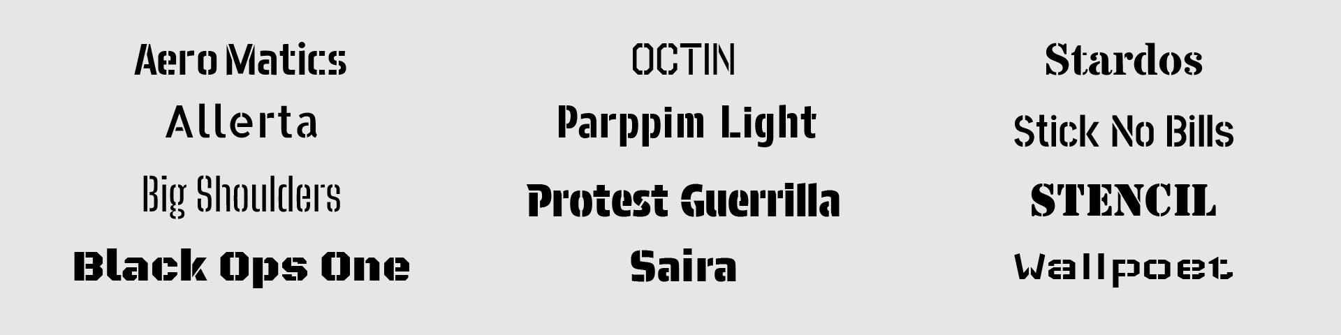 Verschiedene Schablonenschriften zur Auswahl für individuelle Textschablonen – Beispielansicht möglicher Schriftarten.