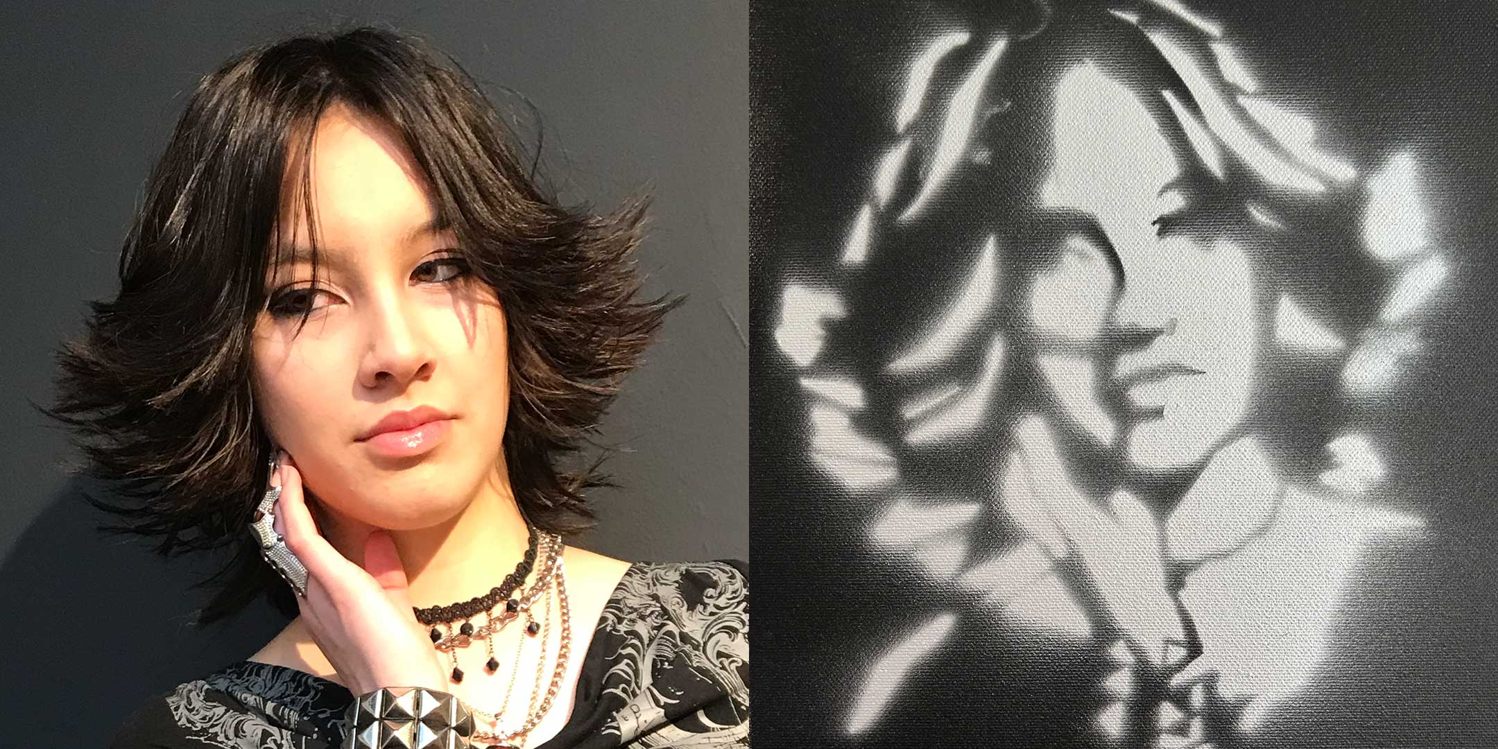 Originalfoto einer jungen Frau und die detailgetreue Schwarz-Weiß-Porträtschablone von Stencil-and-More für DIY, Street Art oder Airbrush-Kunst